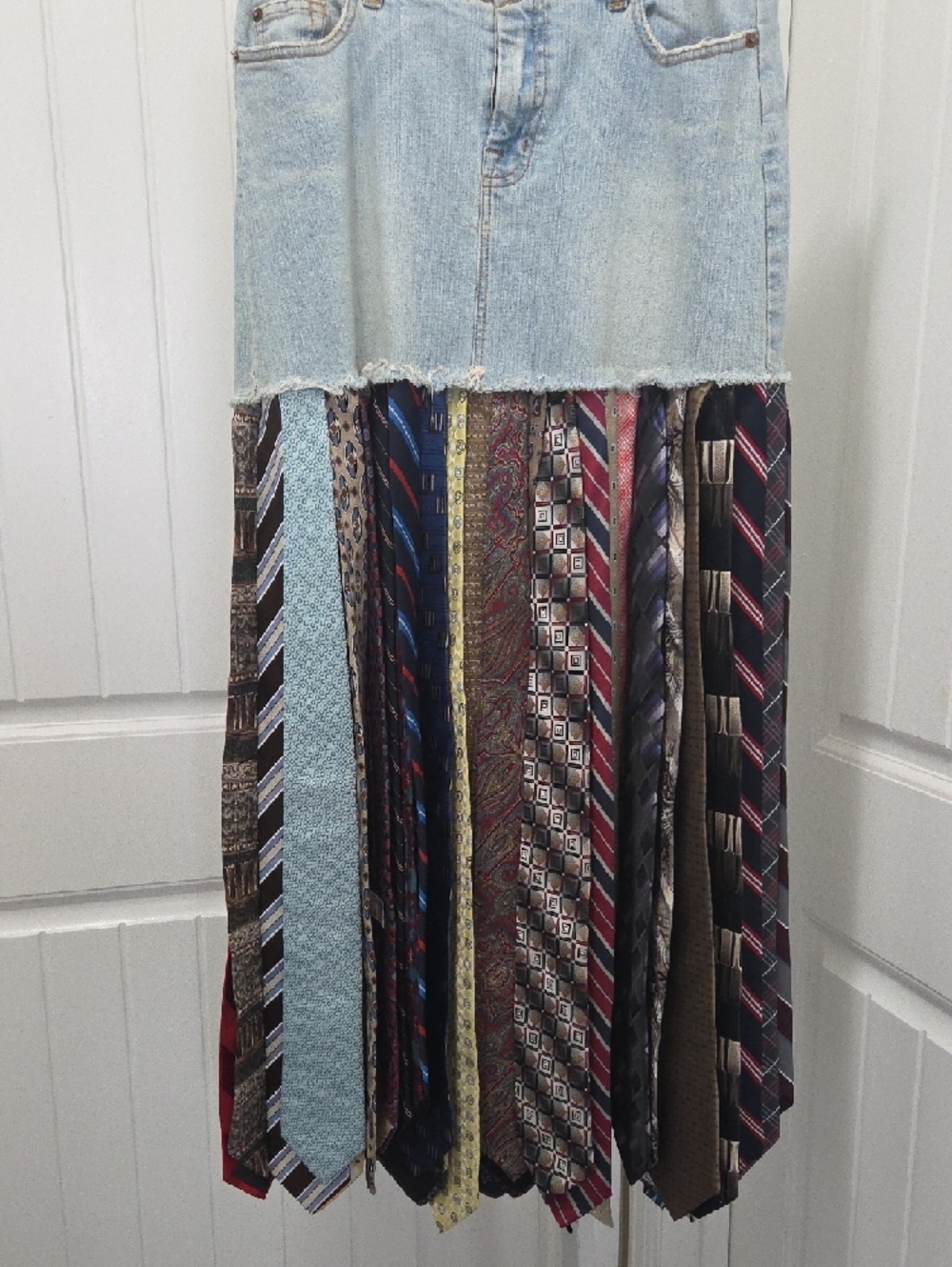 Bohemian Recycled Denim Maxi Tie Skirt with Multi-Patterned Panel - Picture 3 of 6